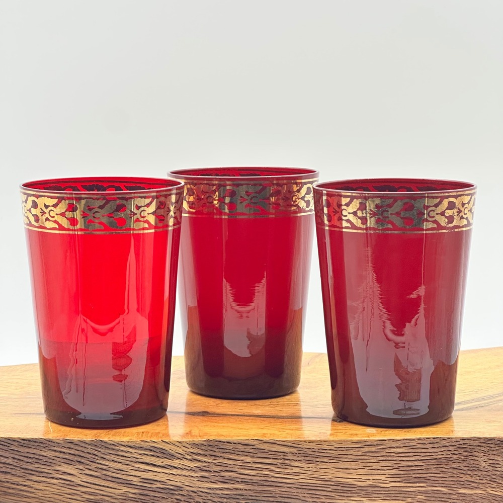 Ruby Red‎ Tumblers Gold Gilded Trim Italian (?) Set of 3